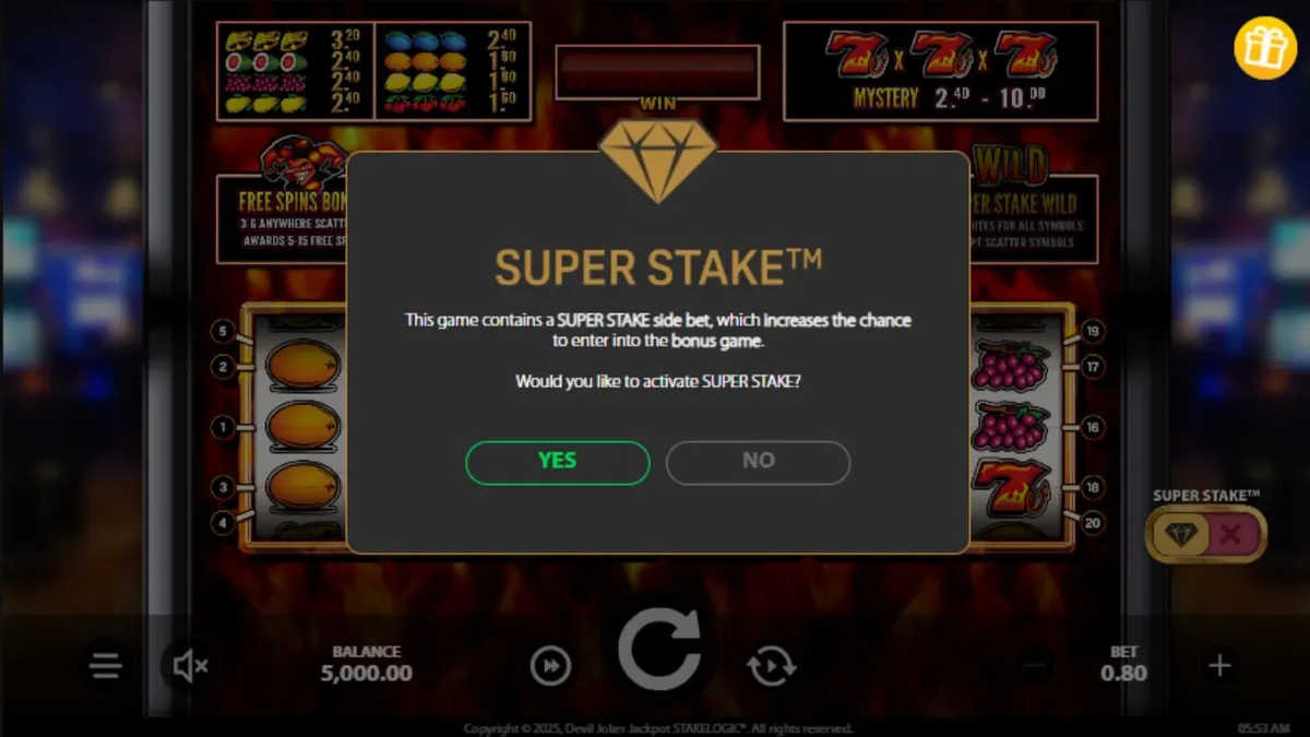 Interface do jogo Devil Joker com símbolos clássicos e temática infernal