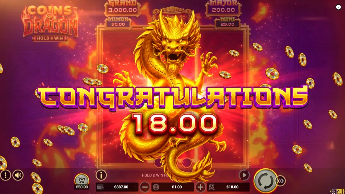 Interface do jogo de slot Coins of Dragon com tema oriental e dragão dourado