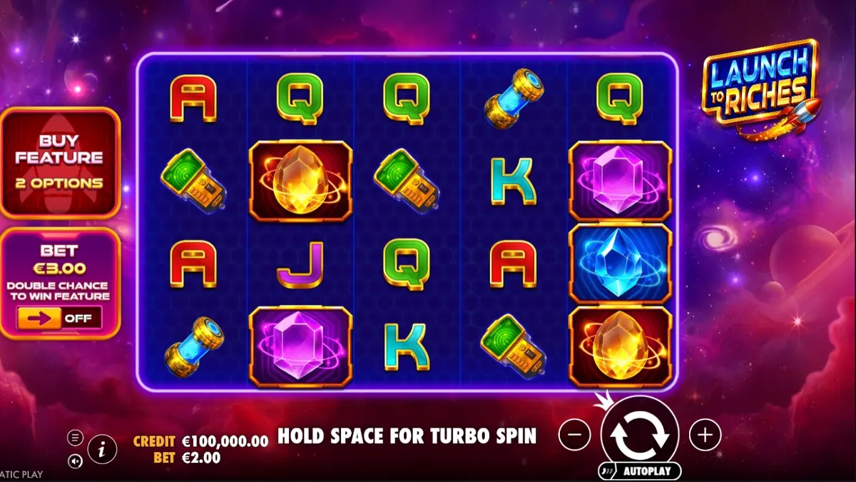 Interface futurista do slot Launch to Riches com tema espacial e nebulosas