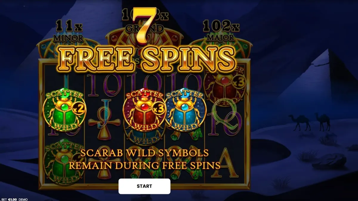 Interface do jogo de slot 3 Scarabs of Fortune com tema egípcio